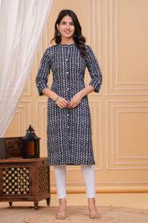 lack & Grey Printed Cotton Long Kurta for Women – Elegant Monochrome Style in Pure Cotton